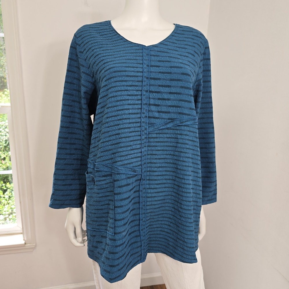 Habitat Clothes to Live In Crinkle Tunic Top Sz L Teal Stripe Pockets Lagenlook